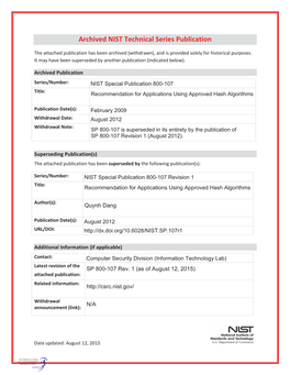 Recommendation for Applications Using Approved Hash Algorithms