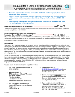 Request for a State Fair Hearing to Appeal a Covered California Eligibility Determination