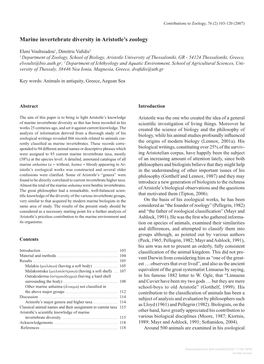 Marine Invertebrate Diversity in Aristotle's Zoology