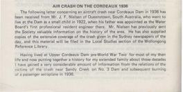 AIR CRASH on the CORDEAUX 1936 the Following Letter Concerning an Aircraft Crash Near Cordeaux Dam in 1936 Has Been Received from Mr