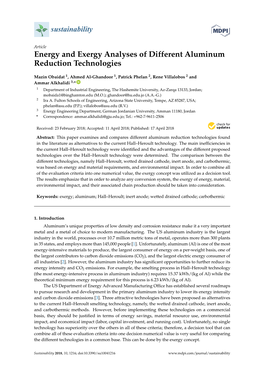 Energy and Exergy Analyses of Different Aluminum Reduction Technologies