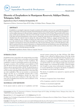 Diversity of Zooplankton in Shanigaram Reservoir, Siddipet