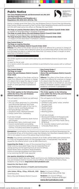 Public Notice the Clean Neighbourhoods and Environment Act (NI) 2011 the Dog Control Orders (Prescribed Offences and Penalties Etc.) Regulations (NI) 2012 (S.R