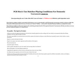 PCB Men's T20 Matches Playing Conditions for Domestic