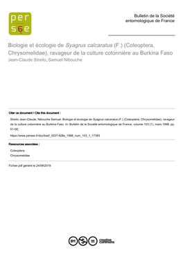 Biologie Et Écologie De Syagrus Calcaratus (F.) (Coleoptera, Chrysomelidae), Ravageur De La Culture Cotonnière Au Burkina Faso Jean-Claude Streito, Samuel Nibouche