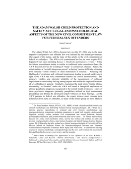 The Adam Walsh Child Protection and Safety Act: Legal and Psychological Aspects of the New Civil Commitment Law for Federal Sex Offenders
