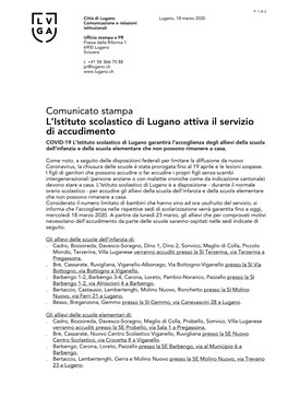 Comunicato Stampa L'istituto Scolastico Di Lugano Attiva Il Servizio Di Accudimento