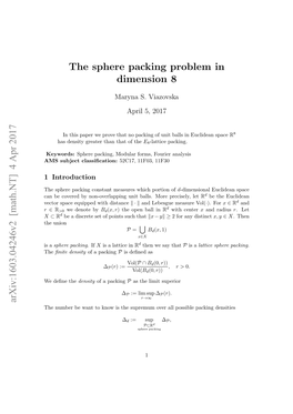 The Sphere Packing Problem in Dimension 8 Arxiv:1603.04246V2