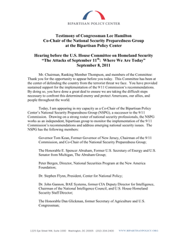Testimony of Congressman Lee Hamilton Co-Chair of the National Security Preparedness Group at the Bipartisan Policy Center