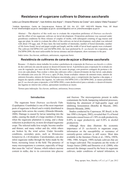 Resistance of Sugarcane Cultivars to Diatraea Saccharalis