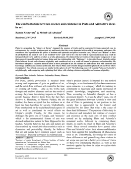 The Confrontation Between Essence and Existence in Plato and Aristotle’S Ideas in Art Ramin Keshavarz1 & Moheb Ali Absalan2