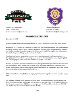 FOR IMMEDIATE RELEASE December 18, 2019