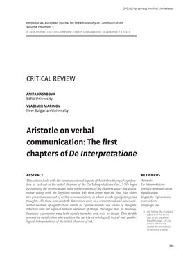Aristotle on Verbal Communication: the First Chapters of De Interpretatione