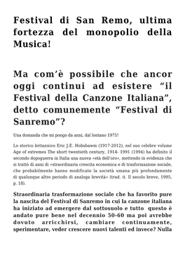 Festival Di San Remo, Ultima Fortezza Del Monopolio Della Musica!
