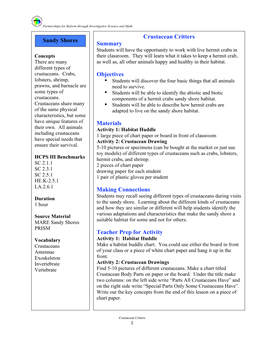 Crustacean Critters Summary Objectives Materials Making Connections Teacher Prep for Activity Sandy Shores