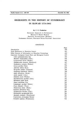 Highlights in the History of Entomology in Hawaii 1778-1963