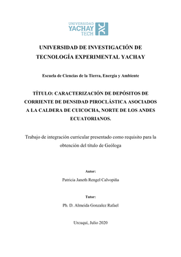 Caracterización De Depósitos De Corriente De Densidad Piroclástica Asociados a La Caldera De Cuicocha, Norte De Los Andes Ecuatorianos