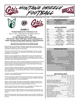 Montana Grizzly Football UNIVERSITY of MONTANA - NATIONAL CHAMPIONS 1995, 2001 - 18 BIG SKY CHAMPIONSHIPS 2021 SPRING SCHEDULE Date