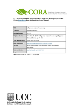 A Tipperary Emigrant's Manuscript Author(S) Ó Macháin, Pádraig Publication Date 2013-09 Original Citation Ó Macháin, P