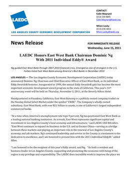 LAEDC Honors East West Bank Chairman Dominic Ng with 2011 Individual Eddy® Award