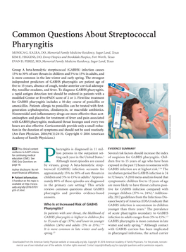Common Questions About Streptococcal Pharyngitis MONICA G