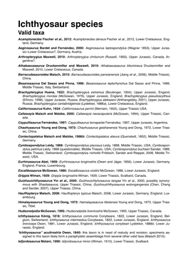 Ichthyosaur Species Valid Taxa Acamptonectes Fischer Et Al., 2012: Acamptonectes Densus Fischer Et Al., 2012, Lower Cretaceous, Eng- Land, Germany