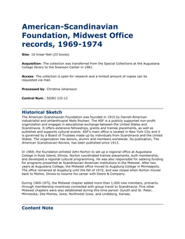 American-Scandinavian Foundation, Midwest Office Records, 1969-1974