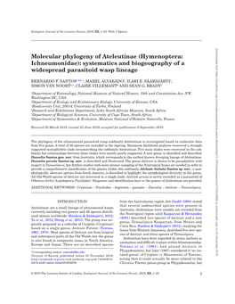 Molecular Phylogeny of Ateleutinae (Hymenoptera: Ichneumonidae): Systematics and Biogeography of a Widespread Parasitoid Wasp Lineage