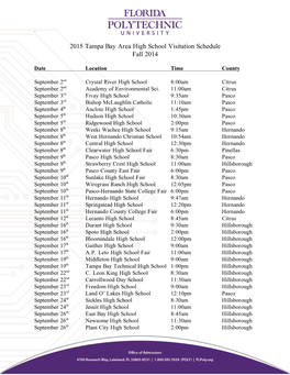 2015 Tampa Bay Area High School Visitation Schedule Fall 2014