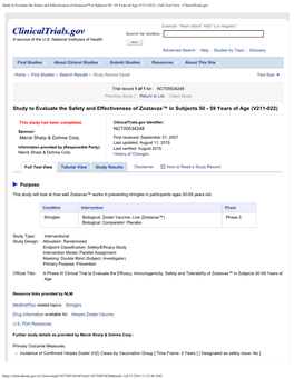 Study to Evaluate the Safety and Effectiveness of Zostavax™ in Subjects 50 - 59 Years of Age (V211-022) - Full Text View - Clinicaltrials.Gov