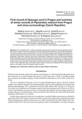 First Record of Hypsugo Savii in Prague and Summary of Winter Records of Pipistrellus Nathusii from Prague and Close Surroundings (Czech Republic)