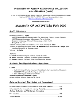Summary of Activities for 2009