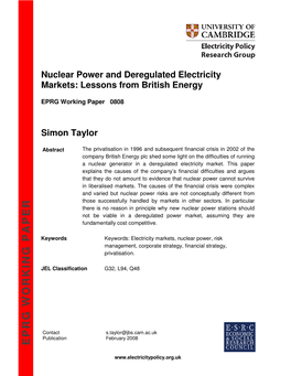 Nuclear Power and Deregulated Electricity Markets: Lessons from British Energy