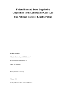 Federalism and State Legislative Opposition to the Affordable Care Act: the Political Value of Legal Strategy