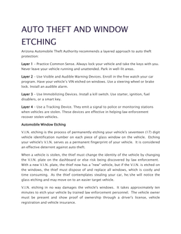 AUTO THEFT and WINDOW ETCHING Arizona Automobile Theft Authority Recommends a Layered Approach to Auto Theft Protection