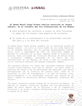 El Museo Mural Diego Rivera Realiza Recorrido En Lengua Náhuatl, En El Contexto Del Día Internacional De Los Museos