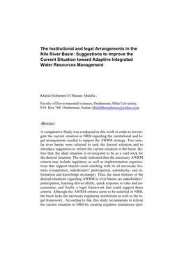 The Institutional and Legal Arrangements in the Nile River Basin: Suggestions to Improve the Current Situation Toward Adaptive Integrated Water Resources Management