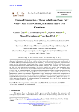 Chemical Composition of Flower Volatiles and Seeds Fatty Acids of Rosa Iliensis Chrshan, an Endemic Species from Kazakhstan