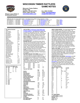 Wisconsin Timber Rattlers Game Notes