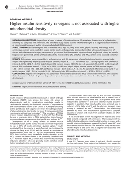 Higher Insulin Sensitivity in Vegans Is Not Associated with Higher Mitochondrial Density