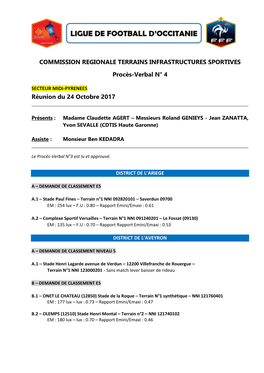 COMMISSION REGIONALE TERRAINS INFRASTRUCTURES SPORTIVES Procès-Verbal N° 4 Réunion Du 24 Octobre 2017