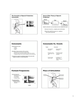 Consonants Consonants Vs. Vowels Formant Frequencies Place Of