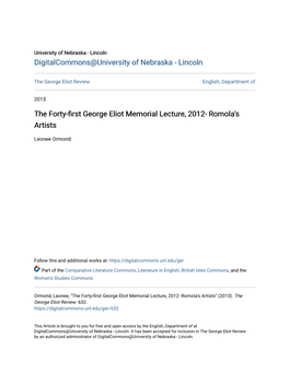 The Forty-First George Eliot Memorial Lecture, 2012- Romola's Artists