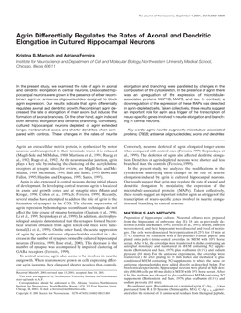 Agrin Differentially Regulates the Rates of Axonal and Dendritic Elongation in Cultured Hippocampal Neurons