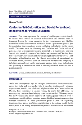 Confucian Self-Cultivation and Daoist Personhood: Implications for Peace Education