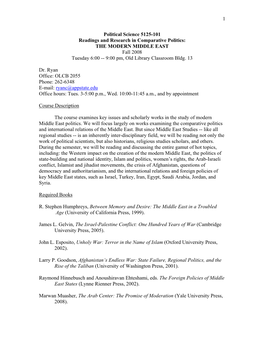 THE MODERN MIDDLE EAST Fall 2008 Tuesday 6:00 -- 9:00 Pm, Old Library Classroom Bldg