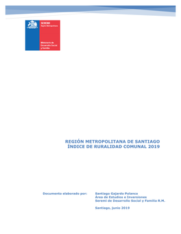 Región Metropolitana De Santiago Índice De Ruralidad Comunal 2019