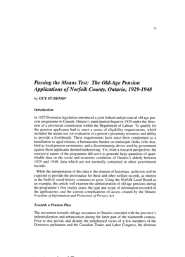 Passing the Means Test: the Old-Age Pension Applications of Norfolk County, Ontario, 1929-1948 by GUY ST-DENIS*