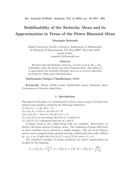 Stabilizability of the Stolarsky Mean and Its Approximation in Terms of the Power Binomial Mean