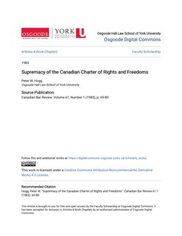 Supremacy of the Canadian Charter of Rights and Freedoms